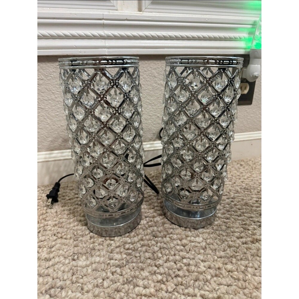 Pretty Multi Crystal Art Deco Accent Lamps w/Silver Base & Switch Set of 2!!